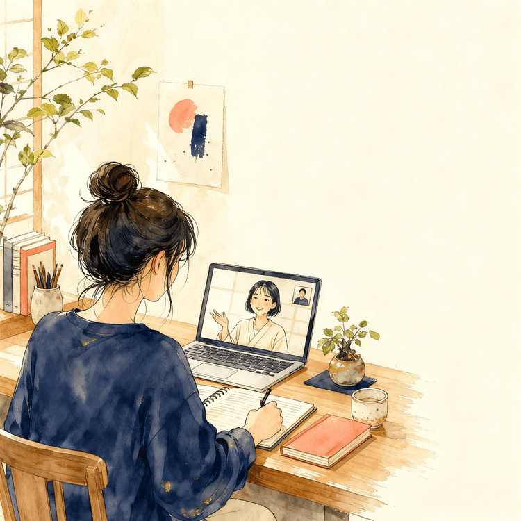 Illustration of a teacher leading an online Japanese lesson
